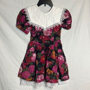 Vintage 90s Eber Girl Dress Floral 10 Bib Bubble Sleeve Lace Lined Jewel Tones